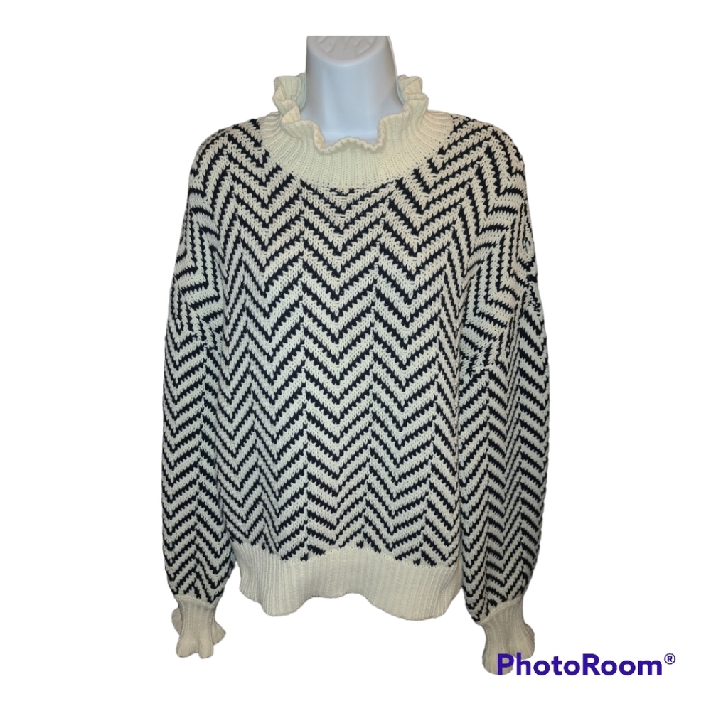 Sweater Oversized Medium by  Aaron & Amber Cream and Black ruffles & stripes